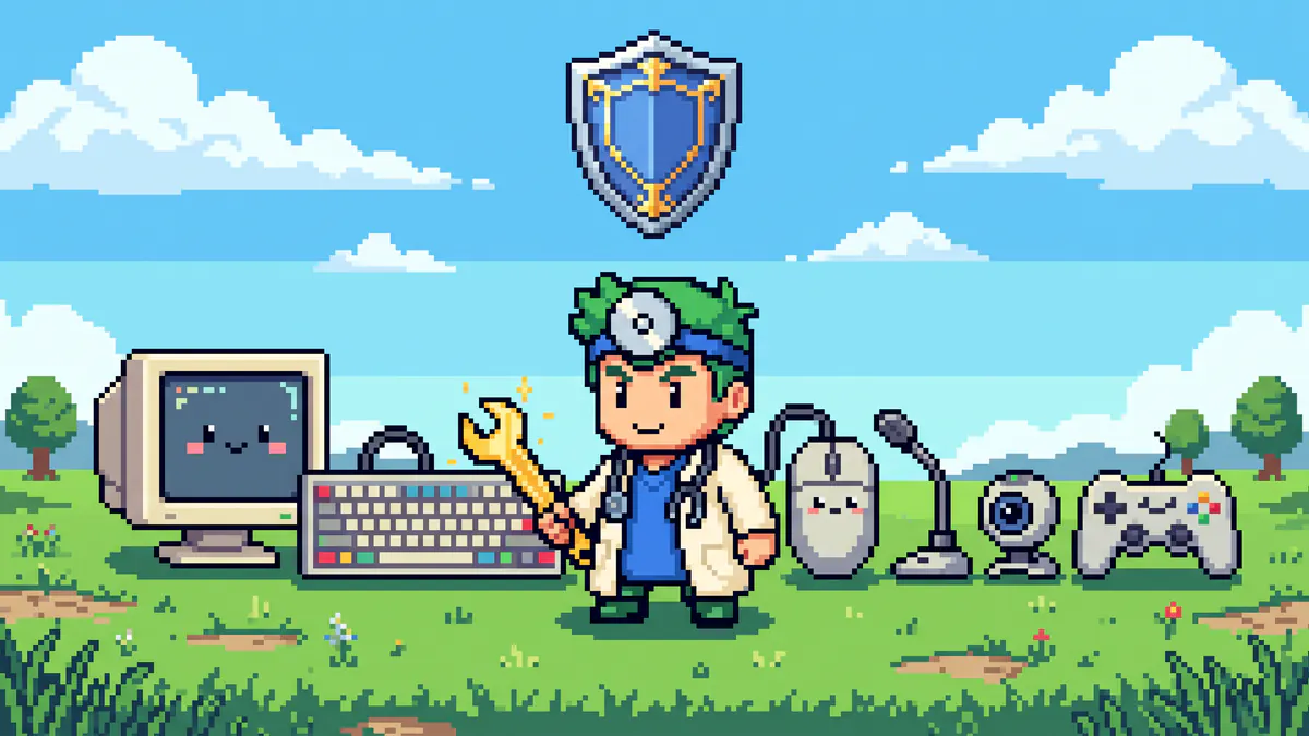 The FreeComTools mascot standing with friendly computer devices under a clear sky