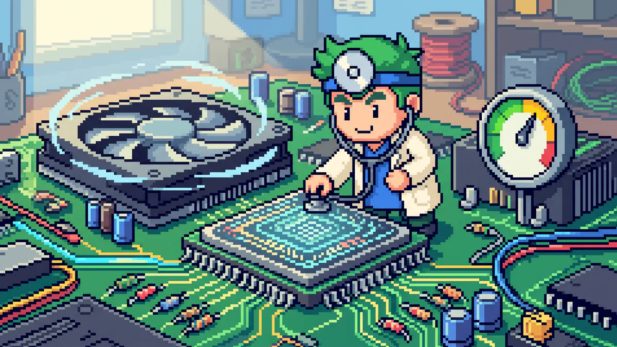 The FreeComTools mascot checking a CPU on a motherboard with a stethoscope