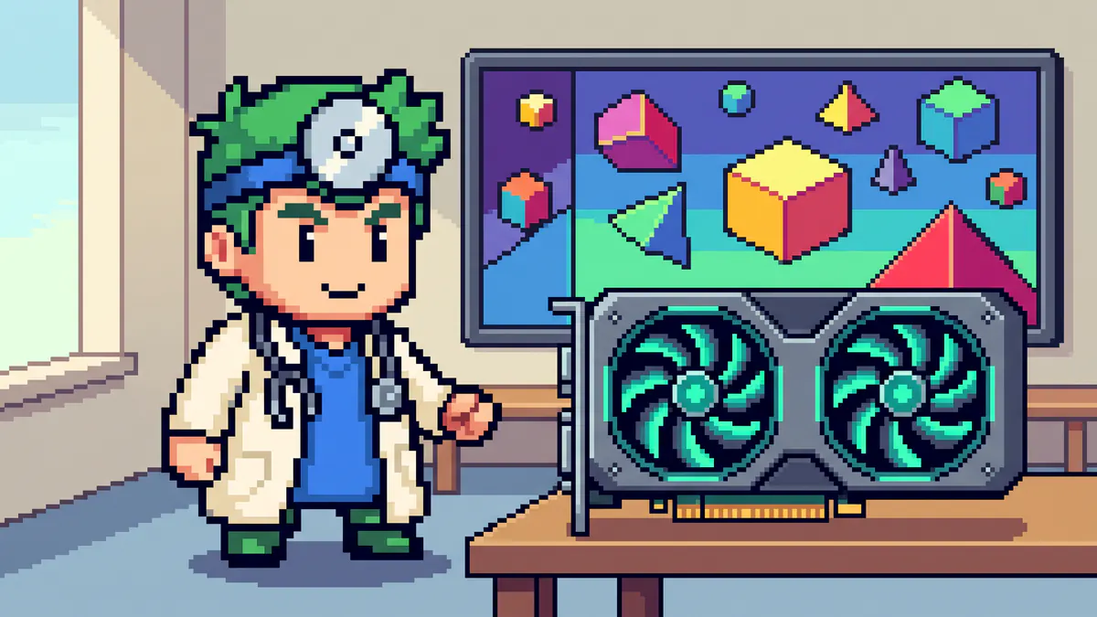 The FreeComTools mascot next to a graphics card watching a 3D scene