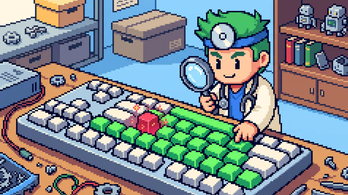 The FreeComTools mascot pressing a big mechanical keyboard to find a faulty key