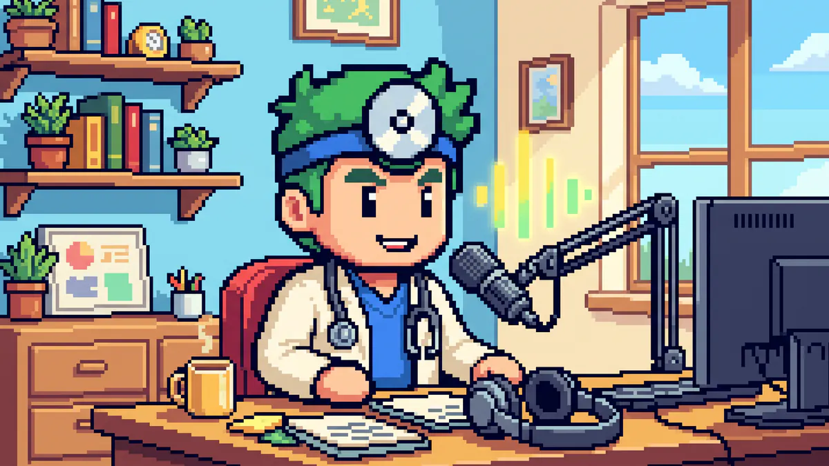 The FreeComTools mascot speaking into a desk microphone while sound-level bars rise