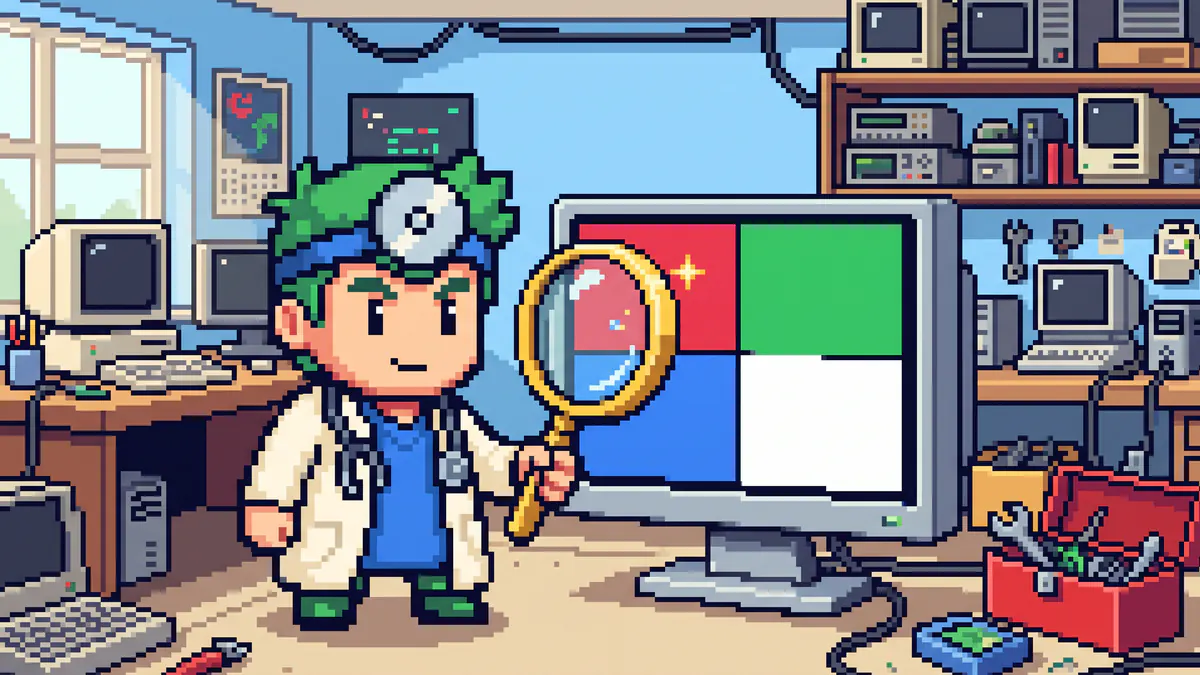 The FreeComTools mascot using a magnifying glass to find a dead pixel on a monitor
