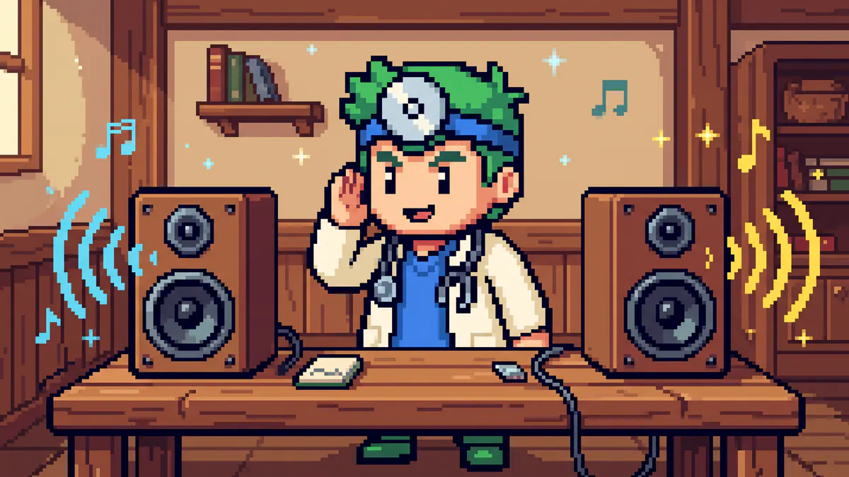 The FreeComTools mascot listening to the left and right speakers