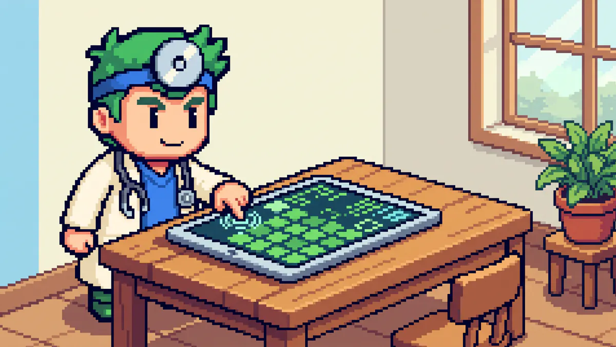 The FreeComTools mascot tapping a tablet screen with several fingers