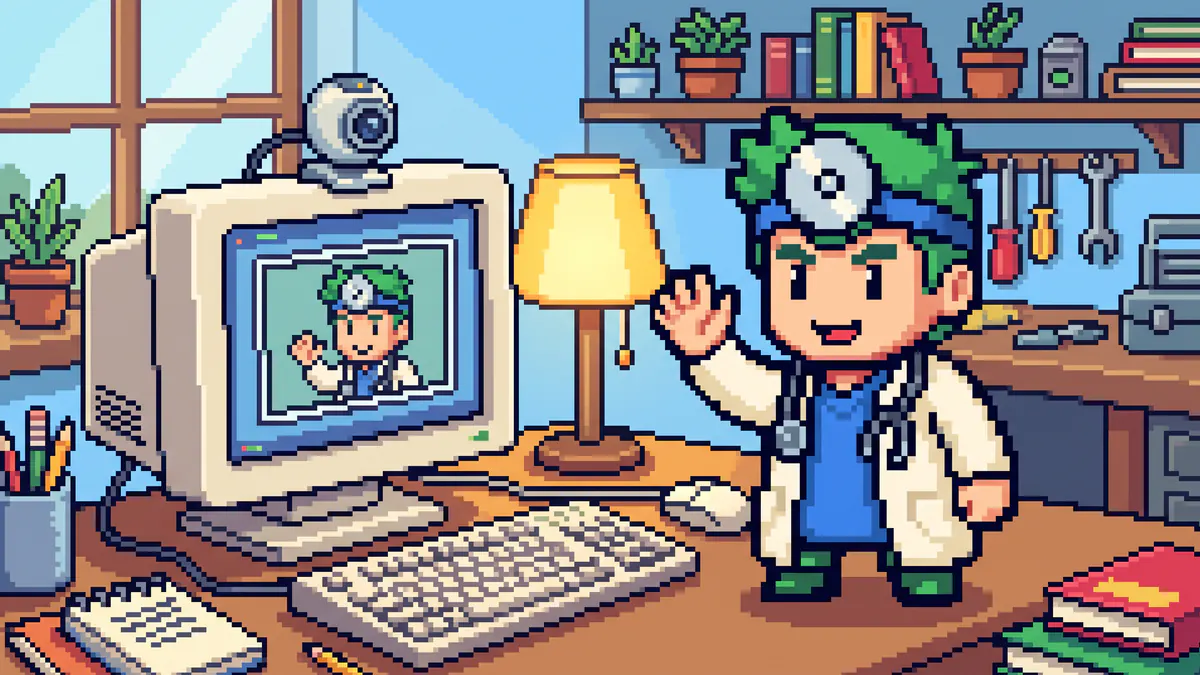The FreeComTools mascot waving at the webcam on top of a monitor